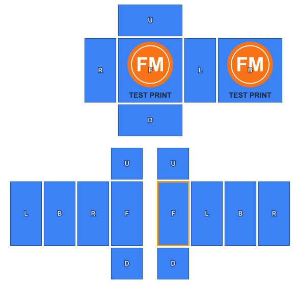 The editor with guides, face letters and the orange selection frame showing